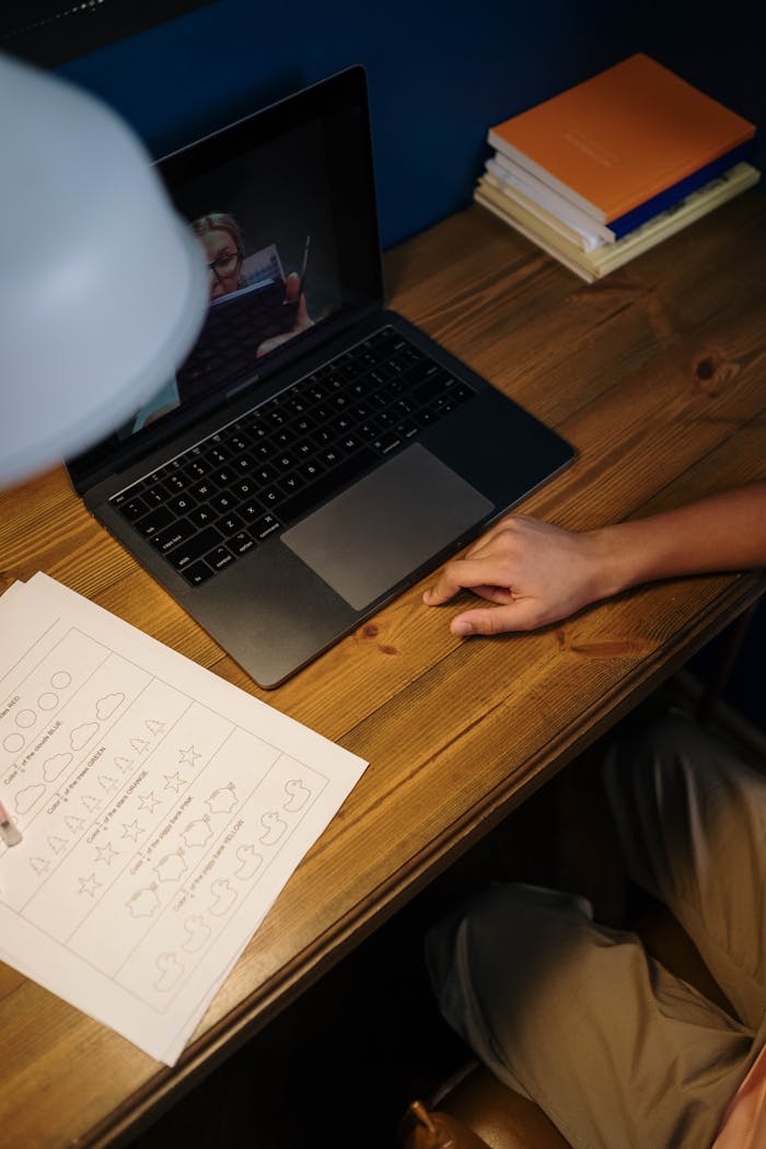 Student using a laptop for online learning, engaged in a remote class from a home setup.